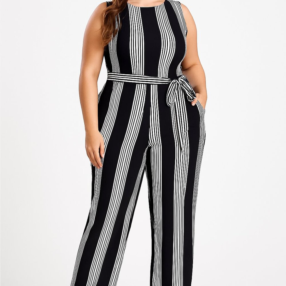 Enfocus Studio Blue Striped Romper Sz 12 Sleeveless Jumpsuit with Belt & Pockets